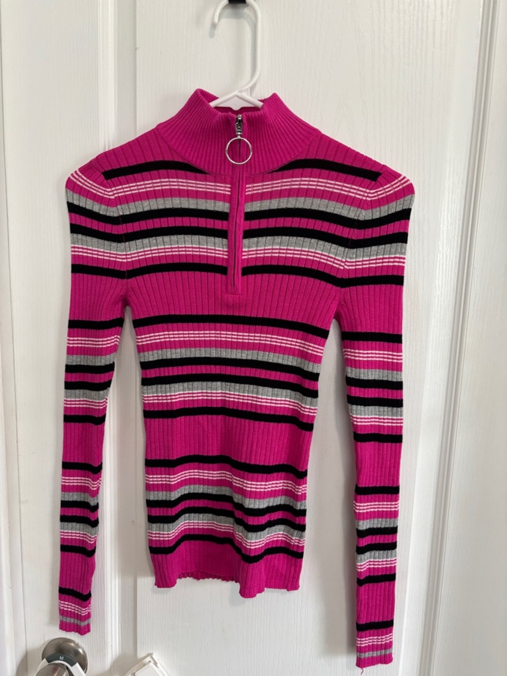 Fuchsia Ribbed Zip-Front Striped Sweater